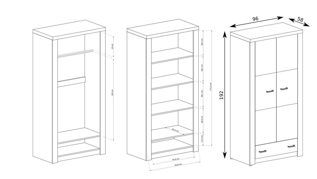 DREHTÜRENSCHRANK ZERI 96/192/58 cm 2-türig Eiche Bianco - Eiche Bianco, Holzwerkstoff (96/192/58cm) - MASSENO