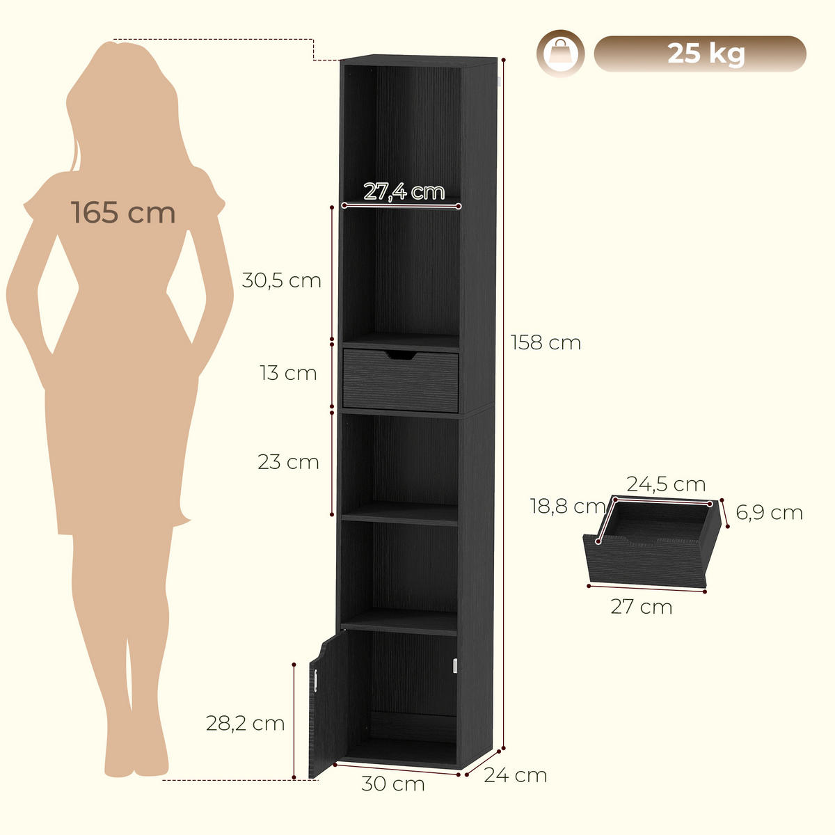 BÜCHERREGAL Spanplatte Schwarz - Schwarz, Holzwerkstoff (24/158/30cm) - HOMCOM