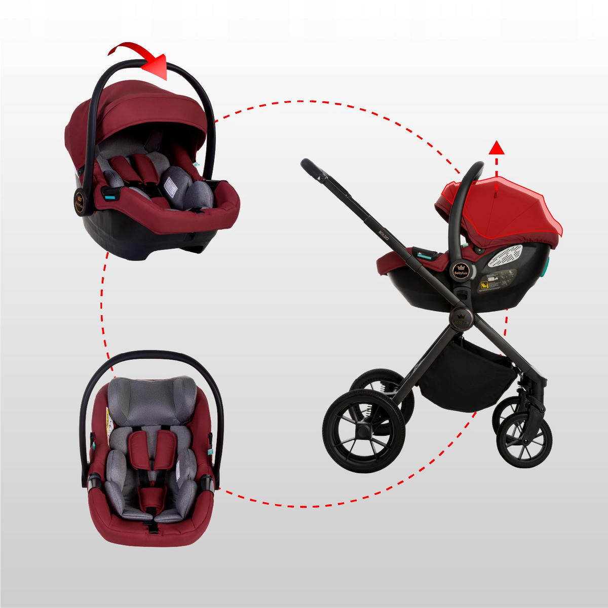 KINDERWAGEN Boldo 3in1 Brownie Babywanne, Buggy Sportsitz, Babyschale I-Size - Weinrot/Schwarz, Textil/Metall (58/98cm) - BabyLux