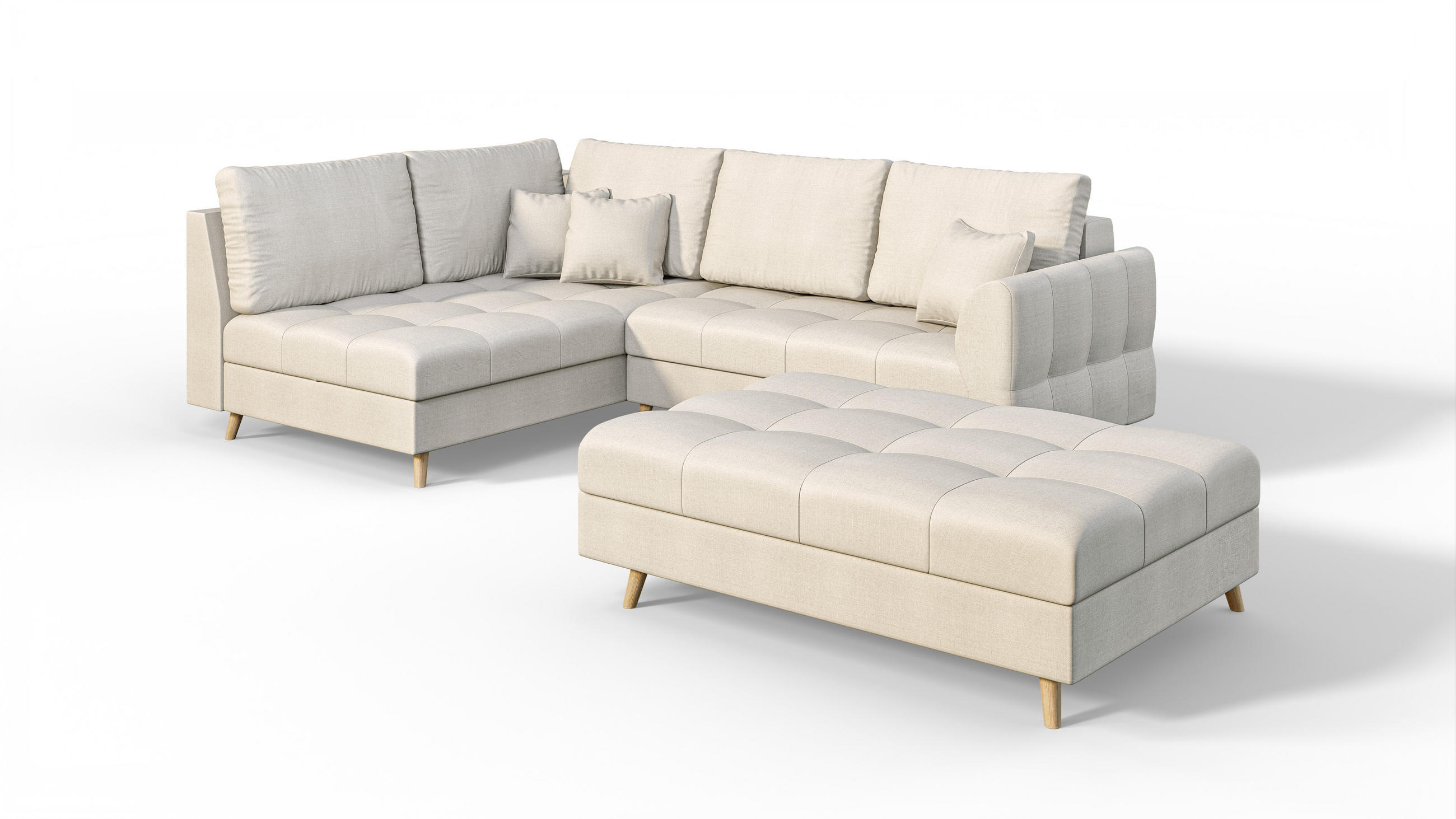 ECKSOFA MIT HOCKER Lorine Mikrofaser Ecru - Ecru/Hellbraun, Buchenholz/Textil (231/161cm) - S-Style Möbel