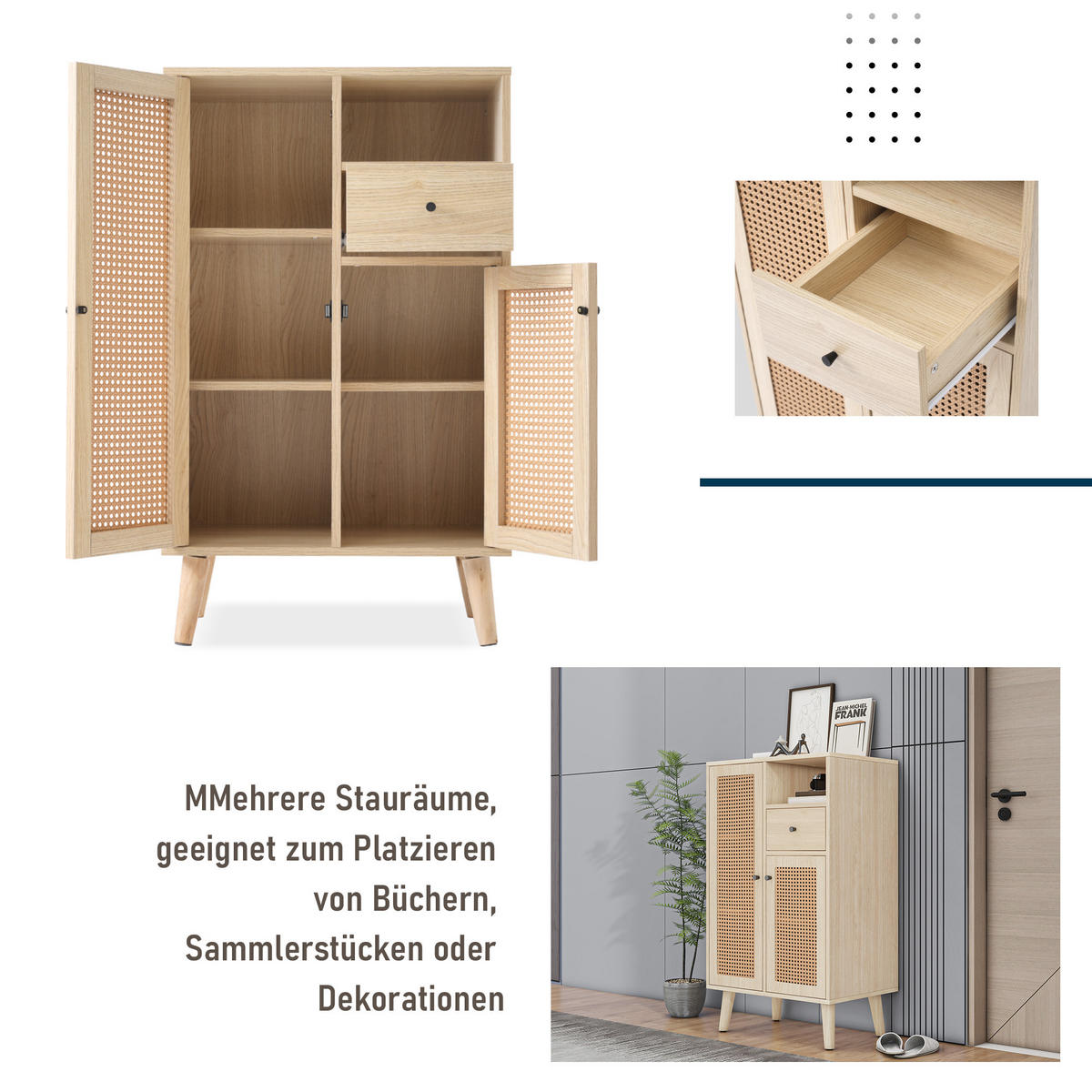 HIGHBOARD Eiche mit Rattanfronten und Schubladen - Eichefarben, Holzwerkstoff (60/101/40cm) - Urban Meuble