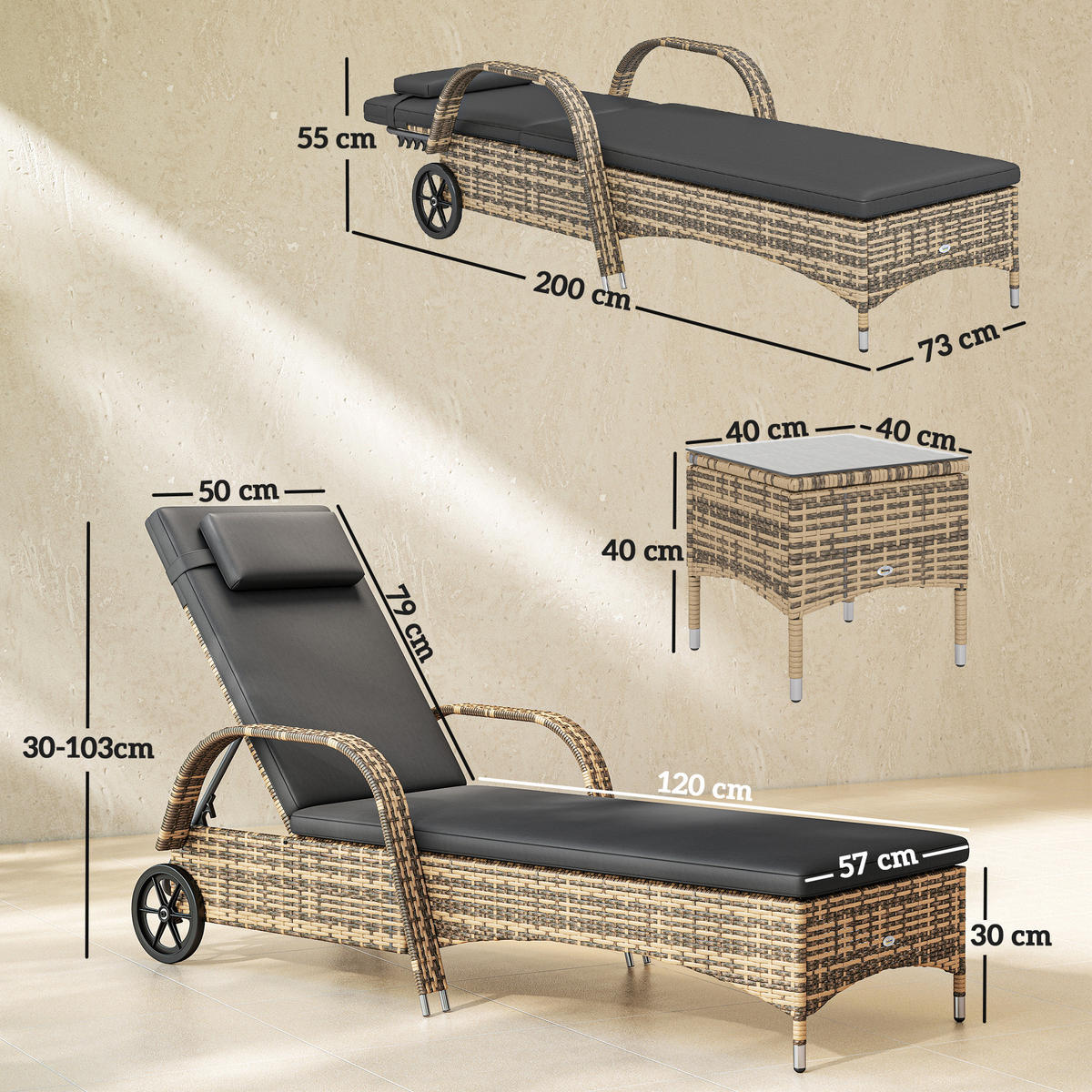 GARTENLIEGE 2er-Set mit Tisch DE-13683 verstellbar & Rollen Dunkelgrau - Dunkelgrau, Metall (73/103/200cm) - ComfortXL