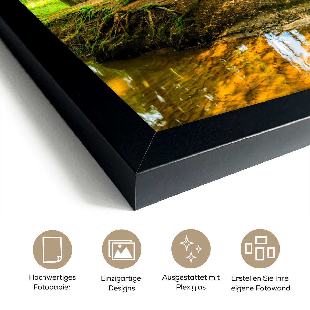 POSTER MIT RAHMENGERAHMTES BILD Wald - Landschaft - Wasser - Bäume - Sonne - Grün - Natur 40x30 cm - Grün, Papier (40/30cm) - MuchoWow