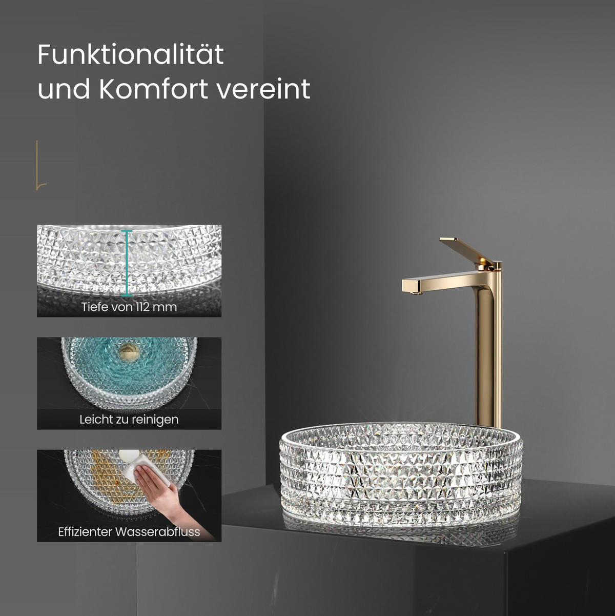 WASCHBECKEN Klarglasspüle Rund Ø36 / 11,2 cm - Weiß, Glas (36/11.2/36cm) - EMKE