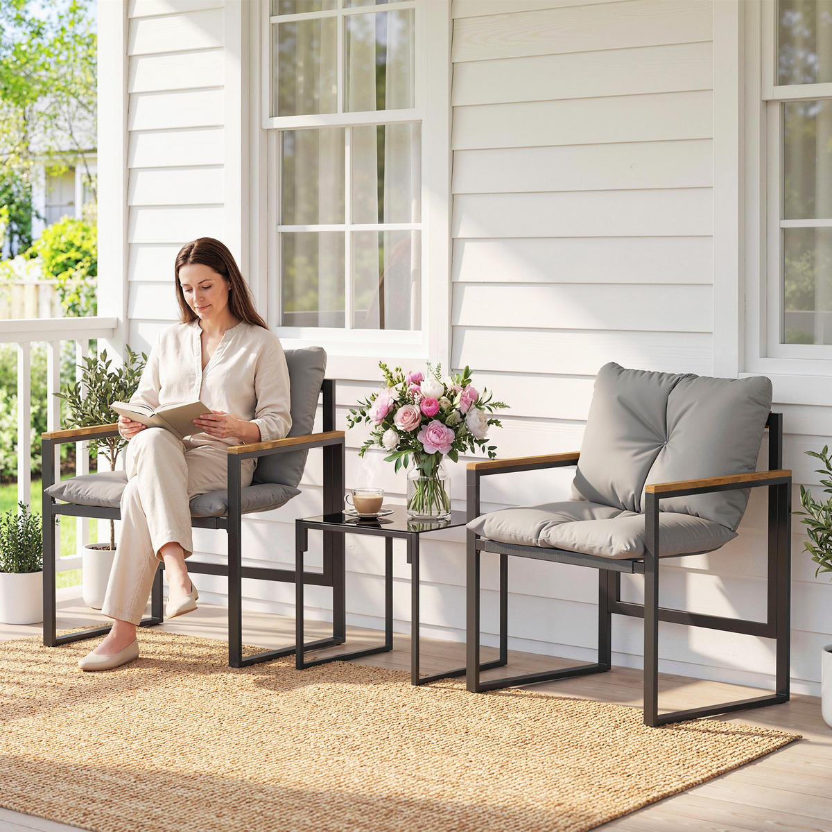 BALKONSET DE-14214 2 Sessel mit Kissen und Glastisch Grau - Grau, Metall - ComfortXL