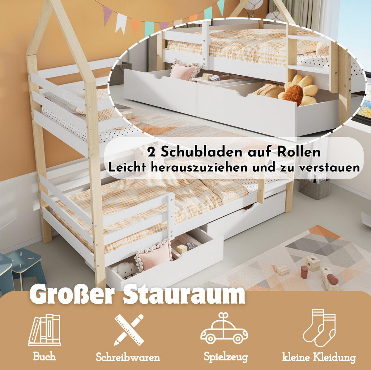 KINDERBETT in Hausform 90/200 cm mit Lattenrost, Rundum-Schutz und 2 Schubladen, Weiß/Eichefarben - Weiß, Holz (90/200cm) - Redom