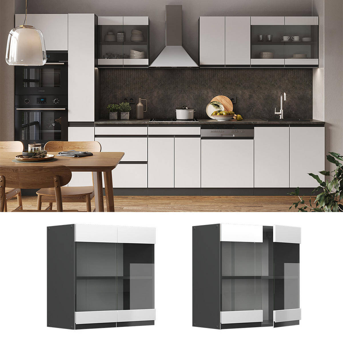 KÜCHENGLASSCHRANK R-Line Weiß 60 cm J-Shape - Anthrazit/Weiß, Holzwerkstoff (60/60/31cm) - Vicco