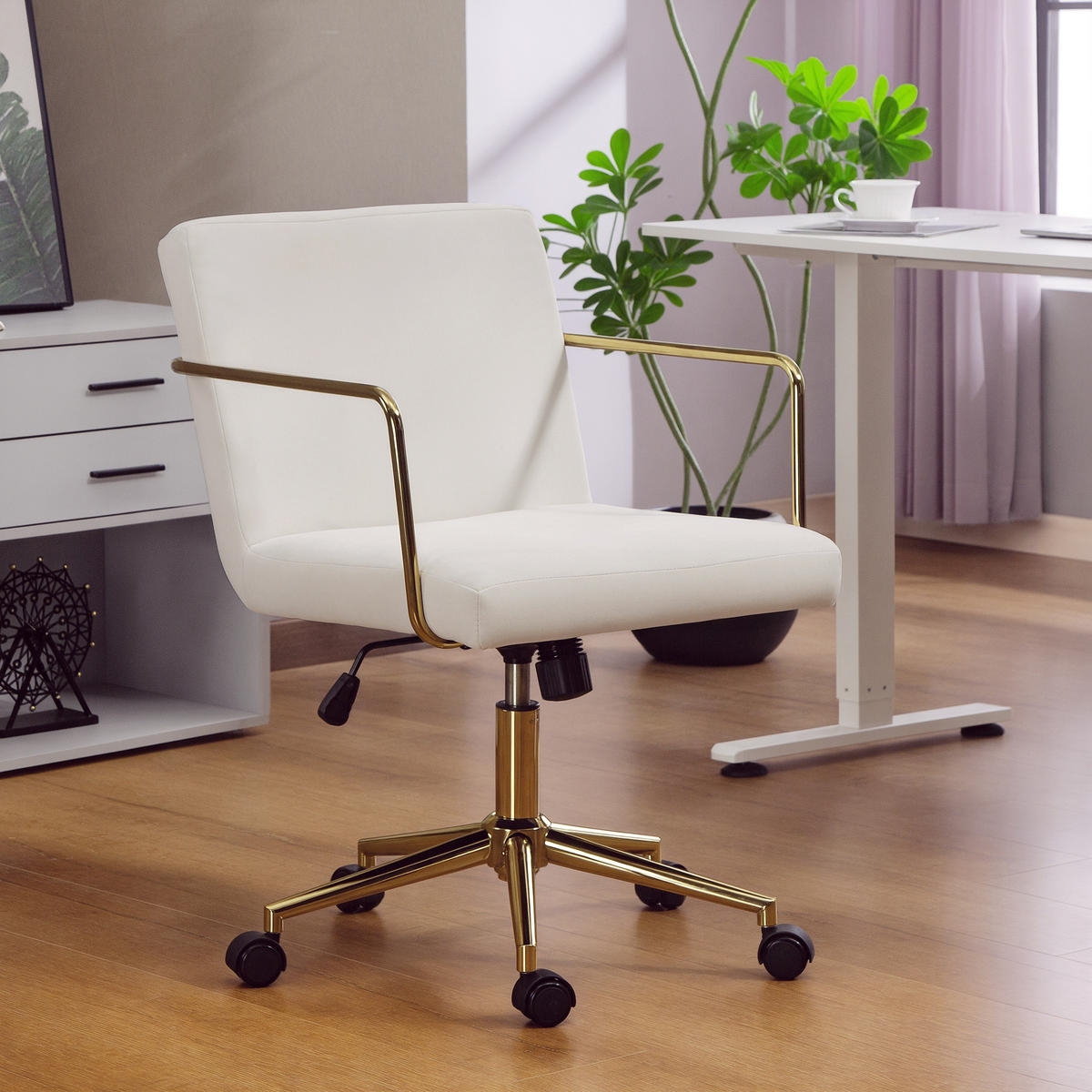 SCHREIBTISCHSTUHL höhenverstellbarer Bürostuhl mit Samtoptik Kippfunktion Creme - Goldfarben/Creme, Textil/Metall (57/90/64cm) - HOMCOM