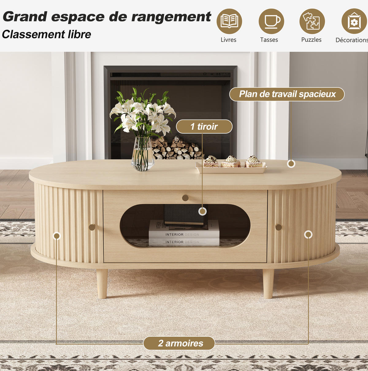 KONFERENČNÍ stolek 100/50/36 cm, dekor dub, MDF, se zásuvkou a roletkami - barva dubu, kompozitní dřevo (100/50/36cm) - BEAOK