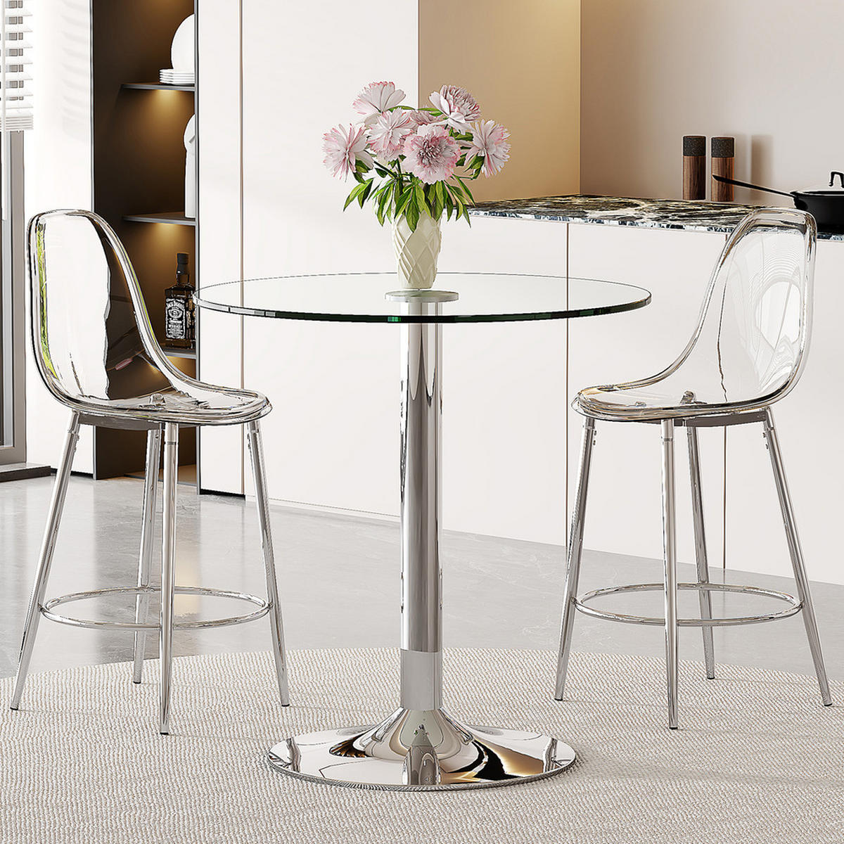 TISCHGRUPPE 3-tlg Glastisch 89 cm mit 2 transparenten Barhockern Silber - Silberfarben, Metall (93.5/5.5/93.5cm) - Raelunyi