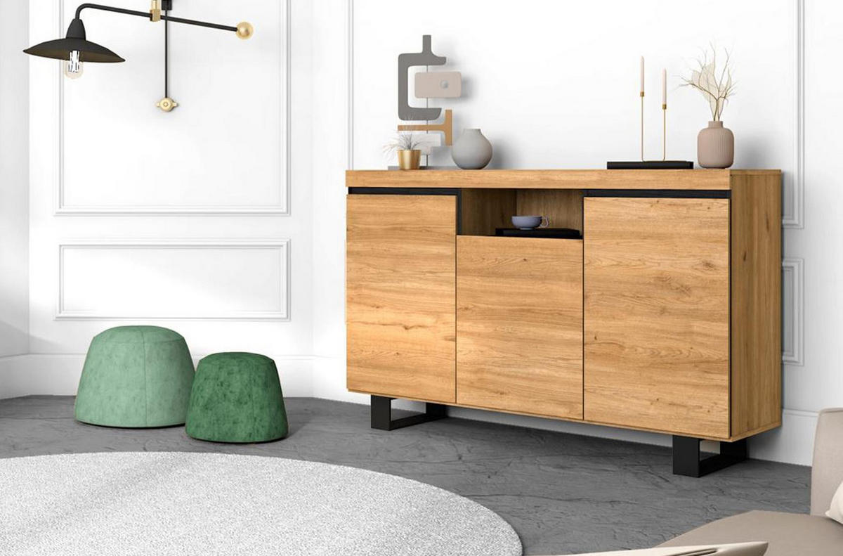 SIDEBOARD eiche/schwarz, 140/40/92cm - Beige/Multicolor, Holzwerkstoff (140/92/40cm) - Skraut Home