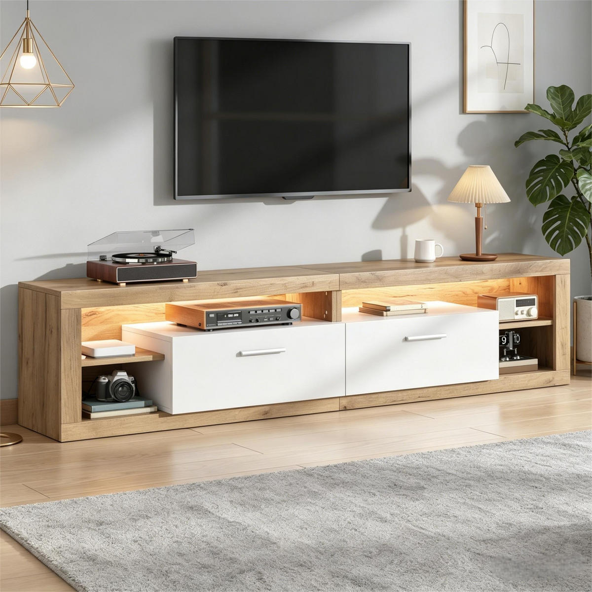 TV-ELEMENT180X35,5X50CM mit App-gesteuerter LED-Beleuchtung für 75-Zoll-TV - Naturfarben, Holz (46.51/13.31/131.7cm) - Raelunyi