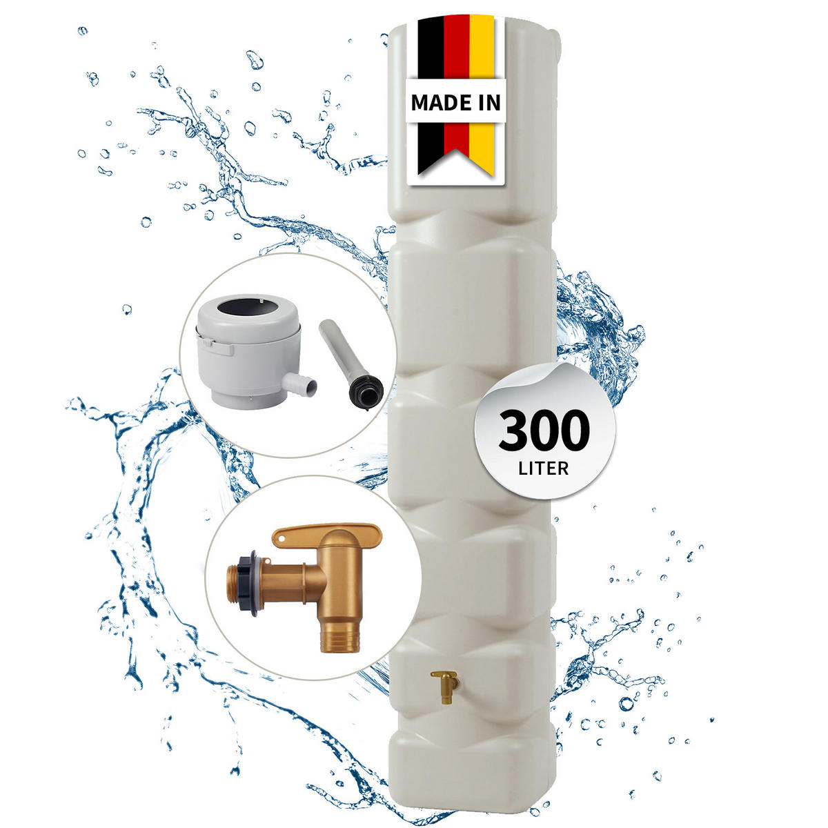 WANDTANK Komplett-Set 300 L, sandbeige inkl. Kunststoff-Auslaufhahn und Fallrohranschluss - Sandfarben, Kunststoff (42/210/40cm) - 4rain