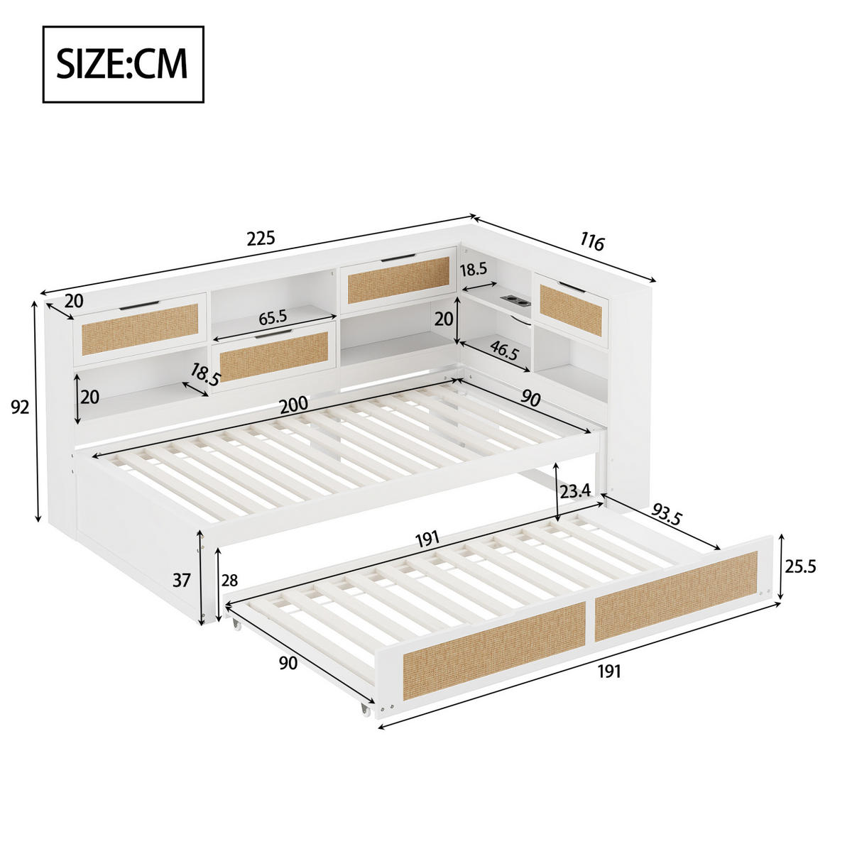 POLSTERBETT aus Massivholz 90x200 cm in Weiß mit Ausziehbett & USB-Anschluss - Weiß, Holz (90/200cm) - Modfu
