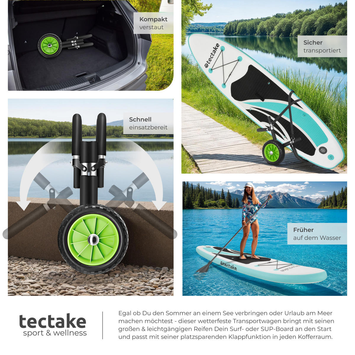 SURFBOARD TRANSPORTWAGEN Wavewheel,inkl. 2 Sicherungsgurte, 42 x 70 x 48,5 cm,schwarz/grün - Schwarz/Grün, Metall (42/70cm) - tectake