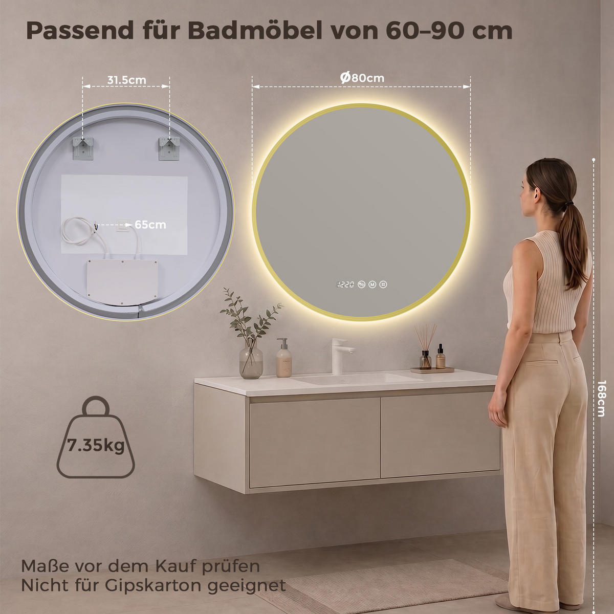 BADSPIEGEL mit Beleuchtung 80 cm rund gold mit Aluminiumrahmen, LED dimmbar und Antibeschlag - Goldfarben, Glas (80/80/3.3cm) - S'AFIELINA