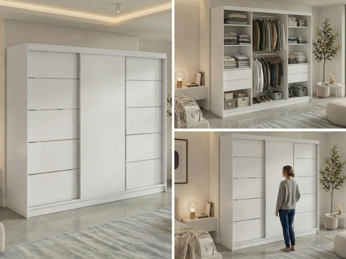 SCHWEBETÜRENSCHRANK mit Schubladen 240 - MACEDONIA - Weiß - Alufarben/Weiß, Holzwerkstoff/Metall (240/216/61cm) - MKS