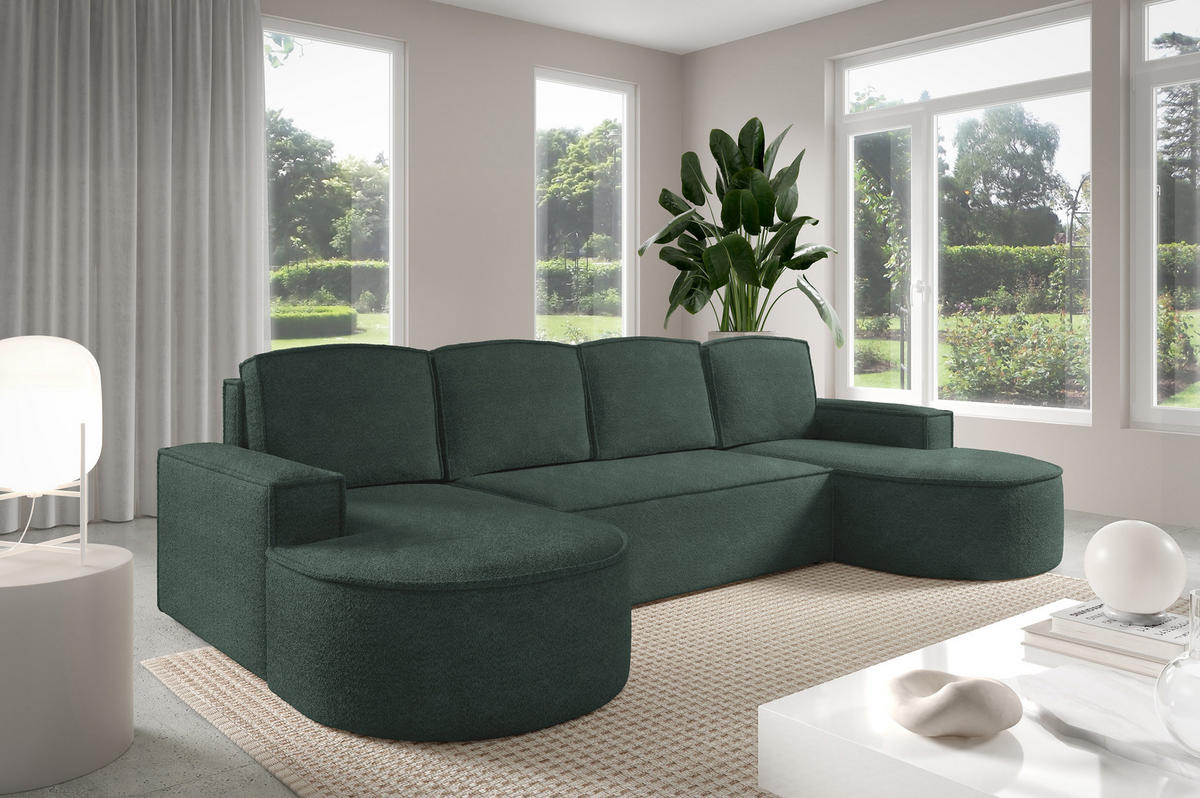 ECKSOFA MOLLY U Freistehendes, mit Schlaffunktion, 140x273cm, Bettkasten und Abnehmbaren Kissen – 316x157x88cm, Abriamo Stoff, Grün - Grün, Holz/Textil (316/157cm) - DomoHome