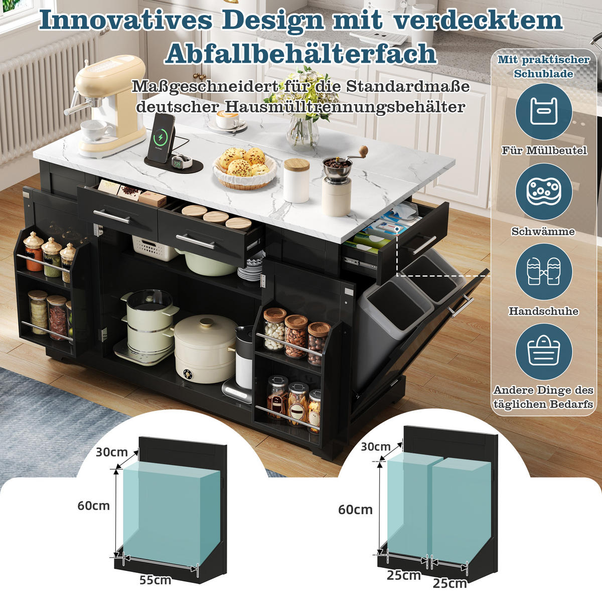 KÜCHENINSEL 138/56/92 cm Schwarz + Weiß mit 3 Schubladen, klappbare Arbeitsplatte und ausziehbarer Mülleimer - Multicolor, Holz/Holzwerkstoff (86/92/138cm) - Oxeza
