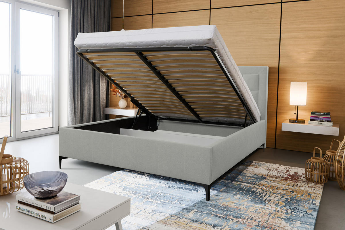 POLSTERBETT VENEZIA mit Kopfteil, 160 x200 cm, Doppelbett mit Bettkasten und Lattenrost aus Strukturstoff, Velourstoff, Frabe: Grau - Grau, Holz/Kunststoff (160/200cm) - VENASI MÖBEL