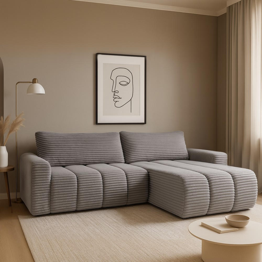 ECKSCHLAFSOFA Cavo mit Bettkasten, universelle Ottomane, Grau - Schwarz/Grau, Textil (264/157cm) - Beautysofa