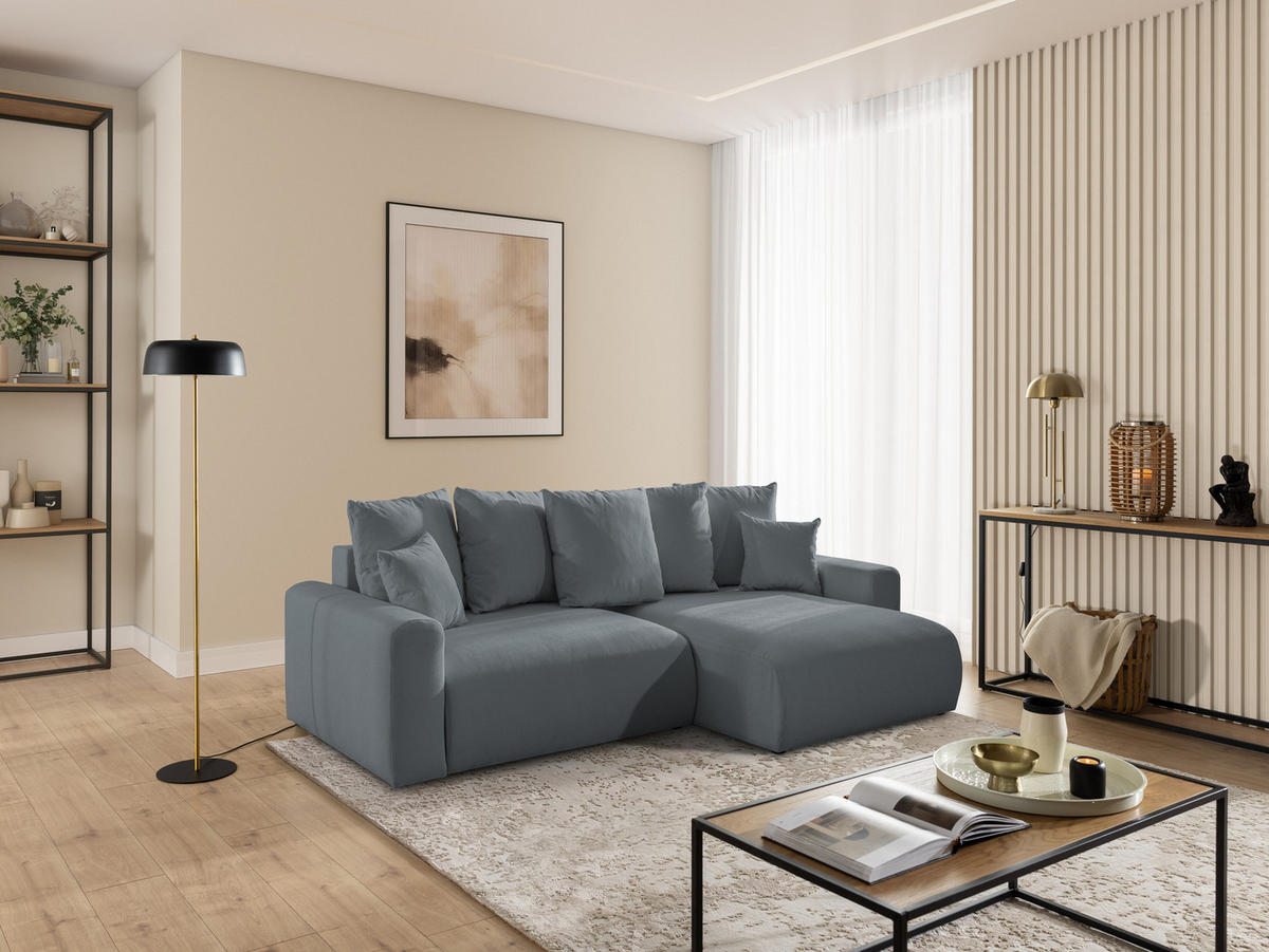 ECKSOFA Calma mit Schlaffunktion und Bettkasten im Bumpy-Design aus weichem Dunkelgrau Webstoff - Ottomane rechts - Dunkelgrau/Schwarz, Holz/Kunststoff (140/239cm) - S-Style