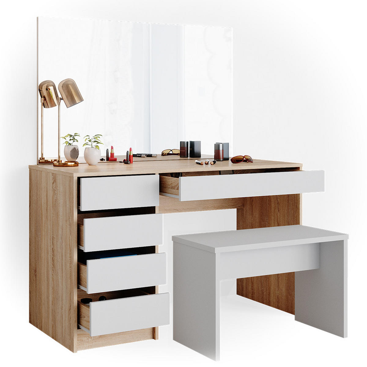 SCHMINKTISCH Sherry Weiß/Sonoma 120 cm mit Bank - Weiß/Sonoma Eiche, Holzwerkstoff (55/75/120cm) - Vicco