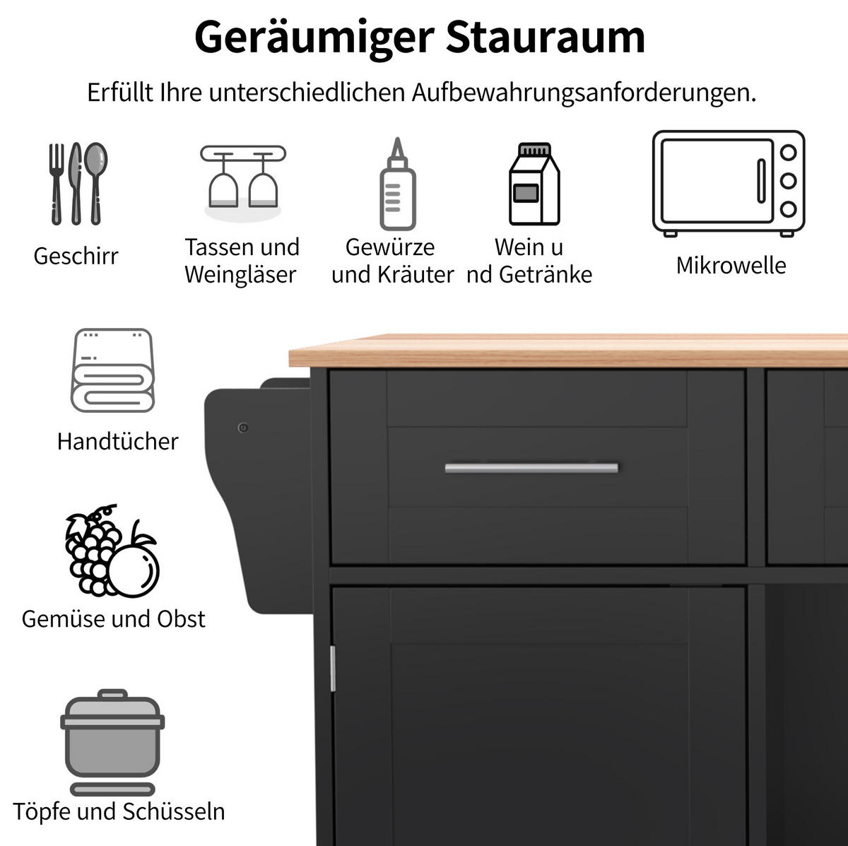 KÜCHENWAGEN mit Klappplatte 139 x 46(71) x 91,5 cm Schwarz/Natur - Schwarz, Holz (46/91.5/139cm) - Beauniv