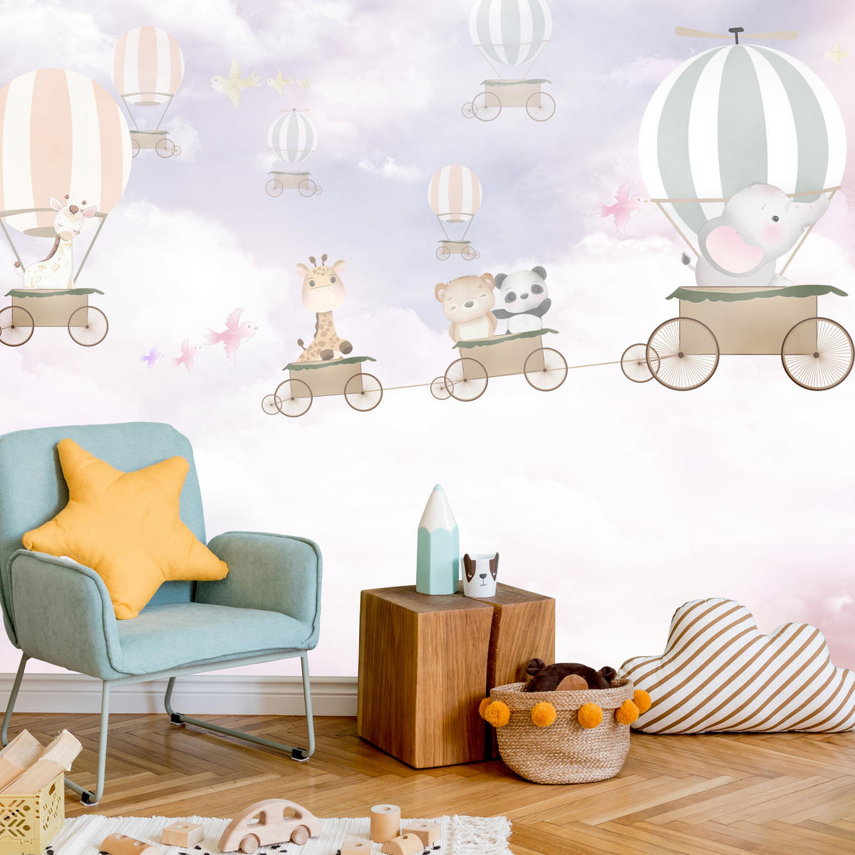 FOTOTAPETE für Kinderzimmer Tiere Wolken Luftballons 450x315 - Beige/Violett, Papier (450/315cm) - Muralo