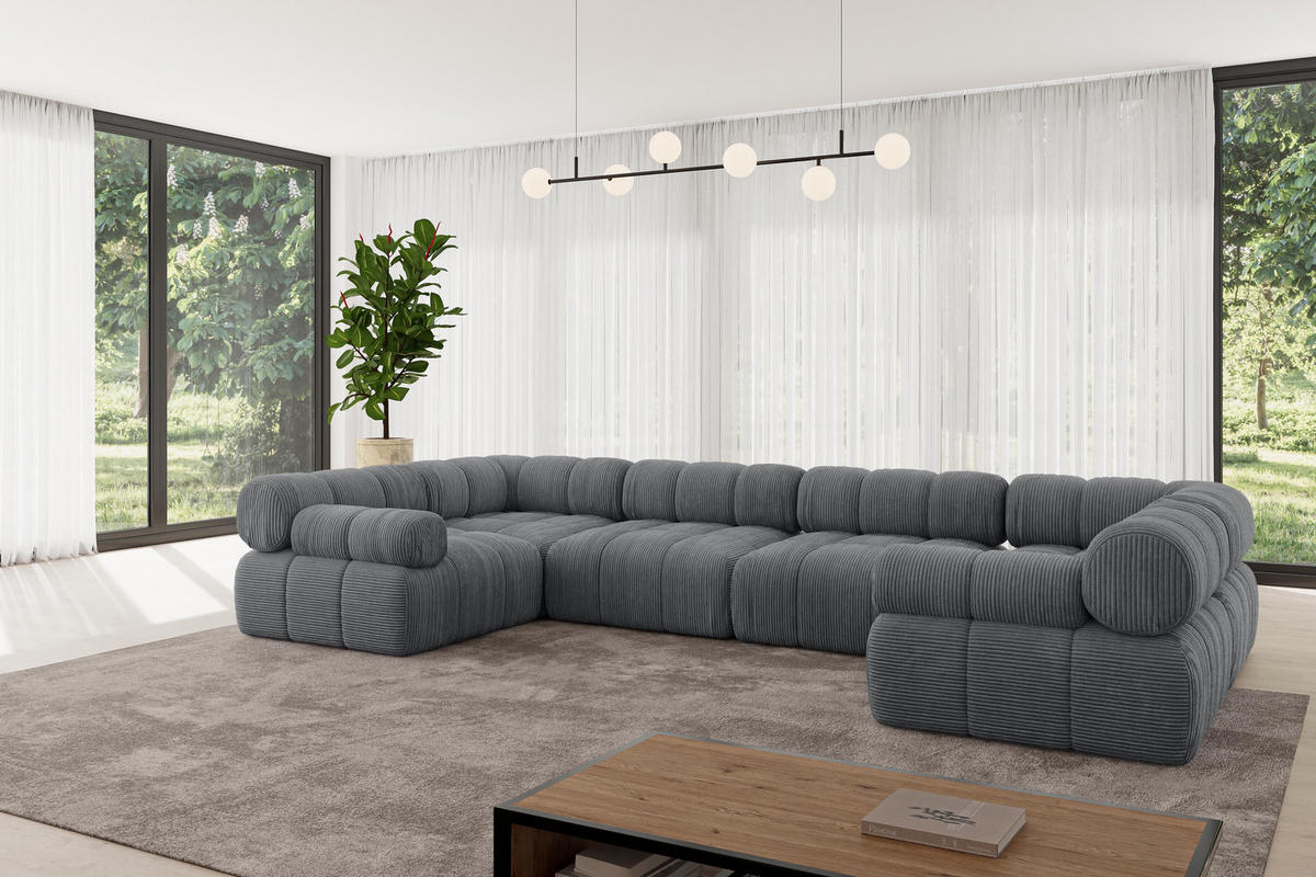 WOHNLANDSCHAFT modulares Sofa Birno-U2 - 380x190x70 cm Dunkelgrau Cord - Dunkelgrau, Holzwerkstoff/Textil (380/70/190cm) - ALTDECOR