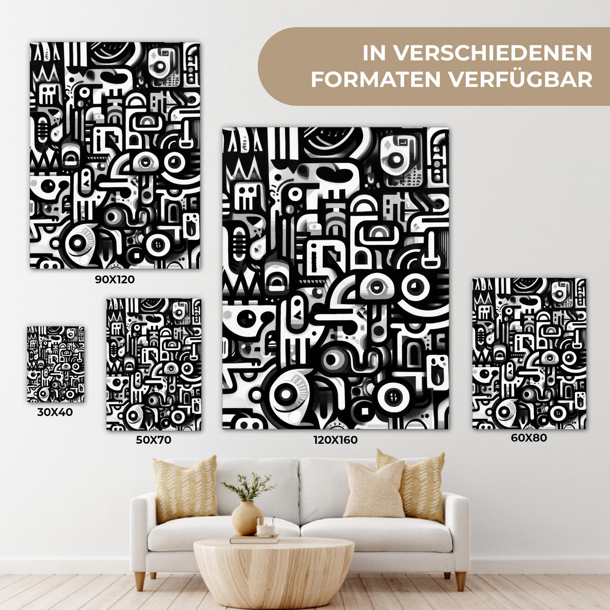 LEINWANDBILD Symbole - Abstrakt - Grafik - Schwarz Room Decor 30x40 cm - Schwarz, Textil (30/40cm) - MuchoWow