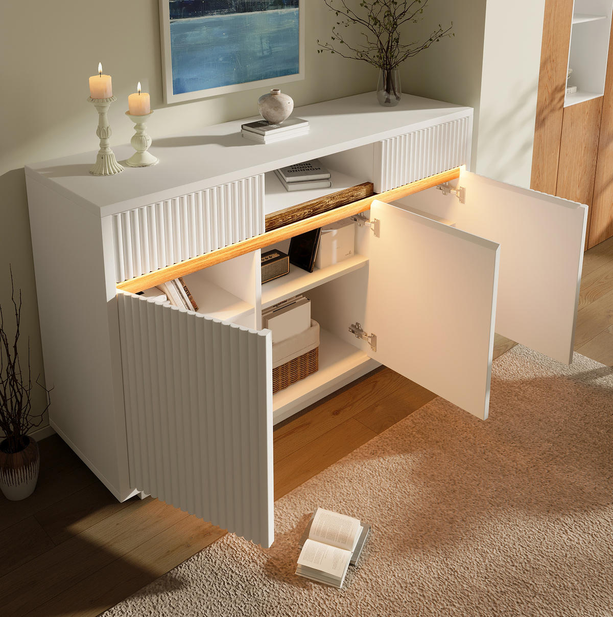 SIDEBOARD aus MDF und Spanplatte 140x40x85 cm Weiß mit LED-Beleuchtung, 2 Schubladen und verstellbaren Einlegeböden - Weiß, Holzwerkstoff (140/85/40cm) - Modfu