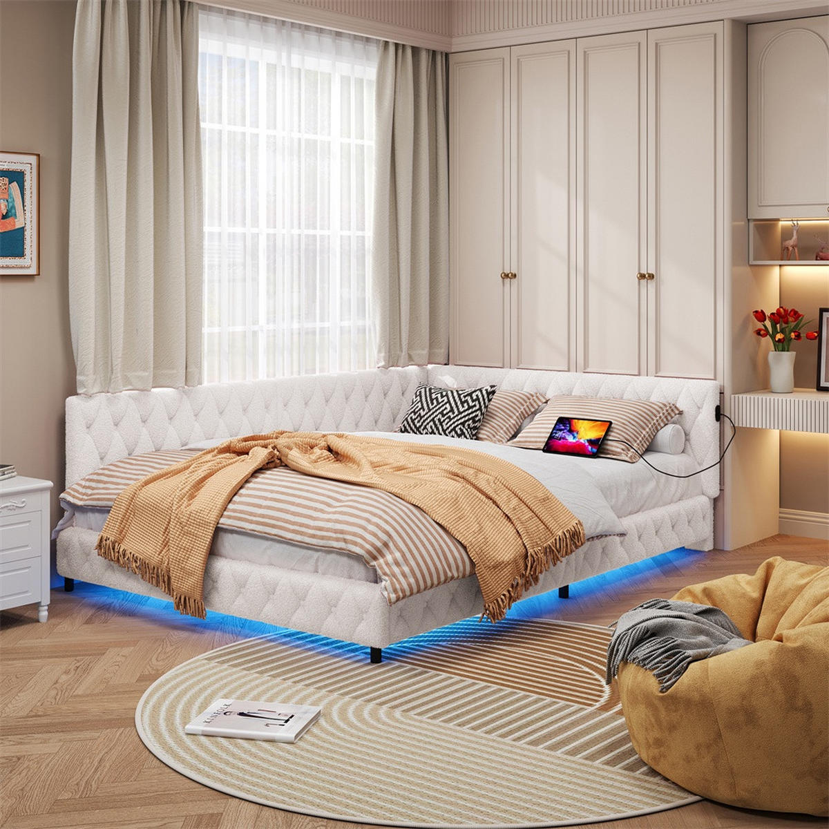 POLSTERBETT 140x200 cm - Doppelbett mit LED-Bettumrandung und USB-Ladefunktion - ohne Matratze - Beige - Beige, Textil (140/200cm) - DELFA
