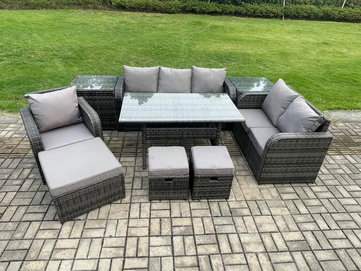 GARTENTISCHGRUPPE mit Liegestuhl,Hocker,Beistelltischen Polyrattan 9-Sitzer - Dunkelgrau/Grau, Glas/Kunststoff - Fimous