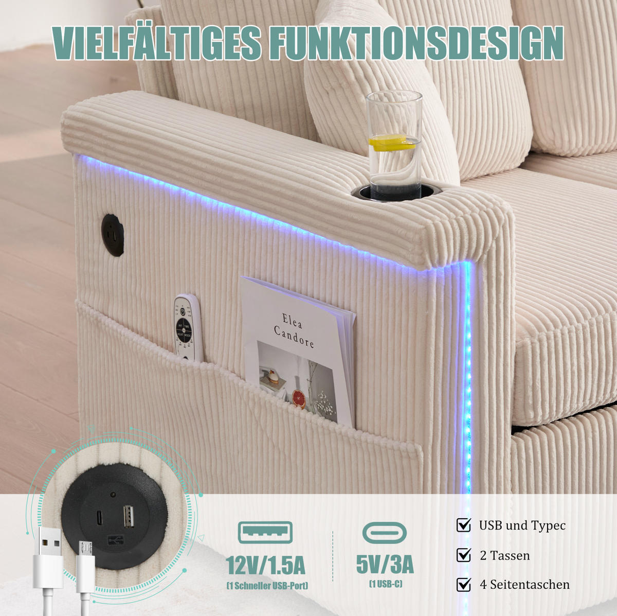SOFA Corduroy mit LED und USB-Anschluss Stauraumschubladen auf Rollen 194/73/81 cm Beige - Beige, Textil (73/194cm) - Redom