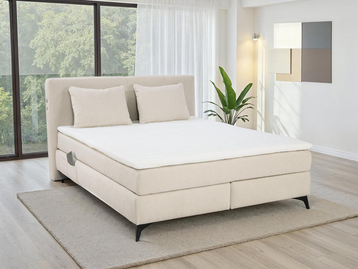 BOXSPRINGBETT 160x00 cm, 7-Zonen-Tonnentaschen-Federkernmatratzen H4, Topper, Bonell-Federkern, Beleuchtung, USB-Ladeports, Chenille Beige / 20014 - Beige/Schwarz, Textil/Metall (160/200cm) - luma-home