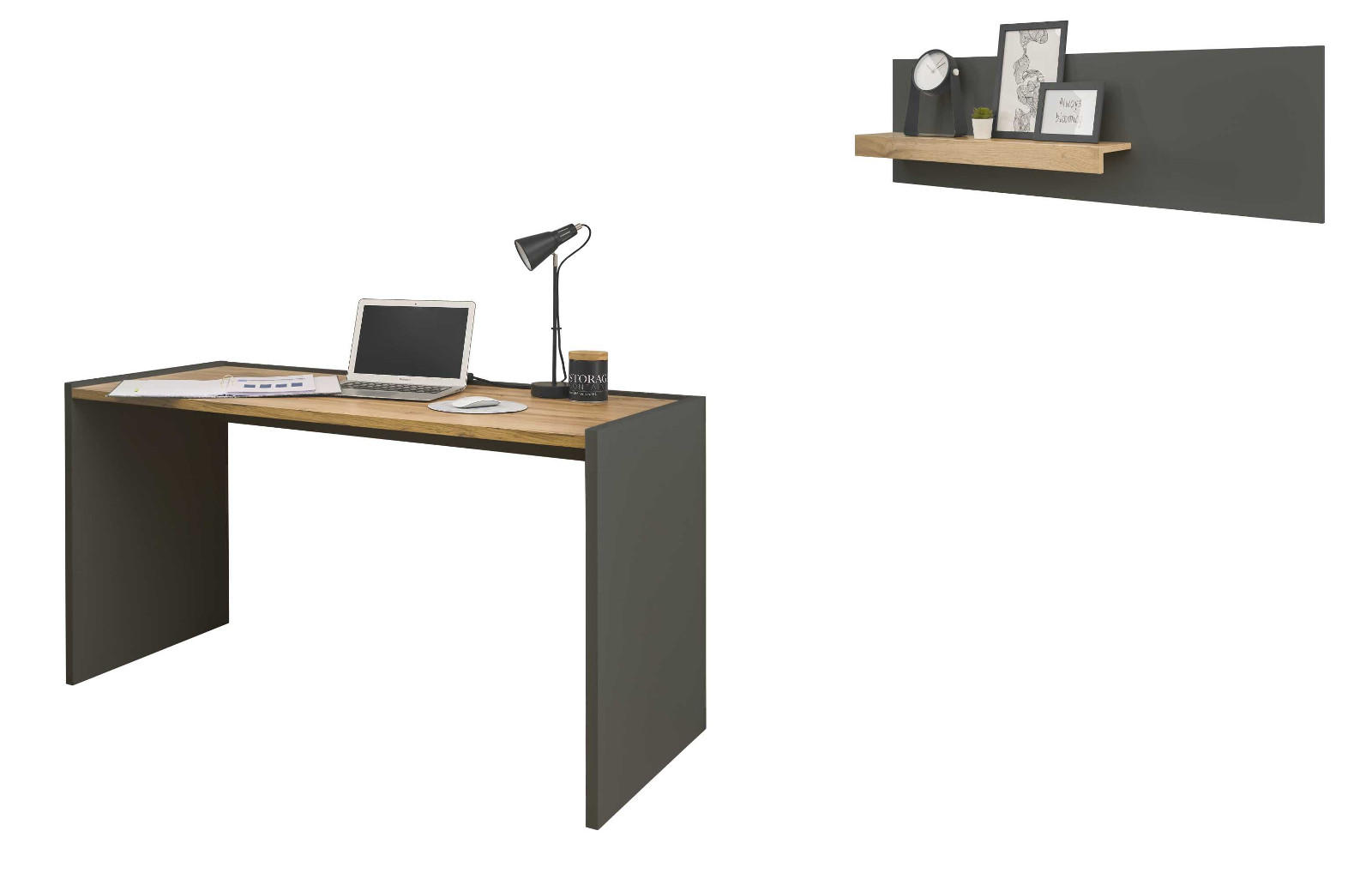 SCHREIBTISCHKOMBINATION 2-teilig grau matt, Eiche Wotan 143 cm, Büromöbel Set mit Wandregal - Eiche Wotan/Schwarz, Holzwerkstoff/Kunststoff (143/62/180cm) - Furn.Design