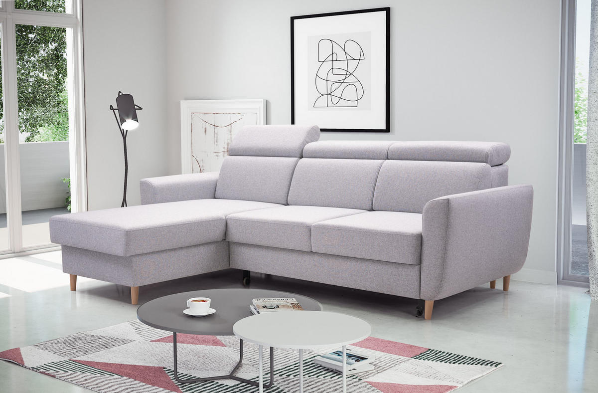 ECKSOFA SAPORE Grau Geflochtener Stoff mit Schlaffunktion - Grau, Holz (235/170cm) - MASSENO