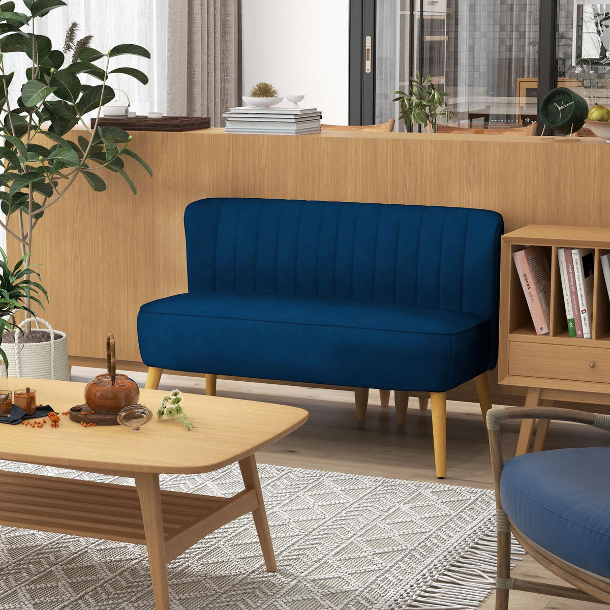 2-SITZER Sofa Zweisitzer, Loveseat mit Leinenoptik, Doppelsofa mit Holzbeine - Blau/Naturfarben, Holz/Textil (56.5/77/117cm) - HOMCOM