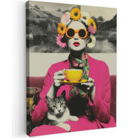 LEINWANDBILD Frau - Katze - Blumen - Tasse - Retro Room Decor 30x40 cm - Magenta, Textil (30/40cm) - MuchoWow