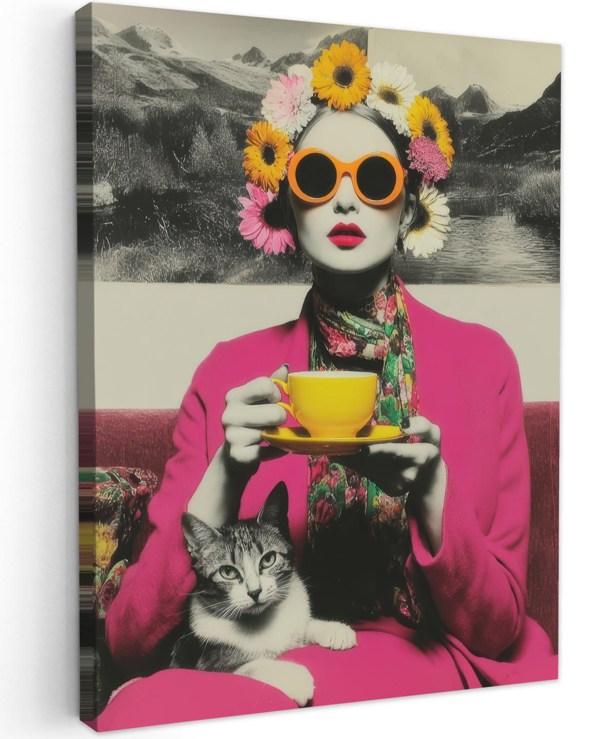 LEINWANDBILD Frau - Katze - Blumen - Tasse - Retro Room Decor 30x40 cm - Magenta, Textil (30/40cm) - MuchoWow