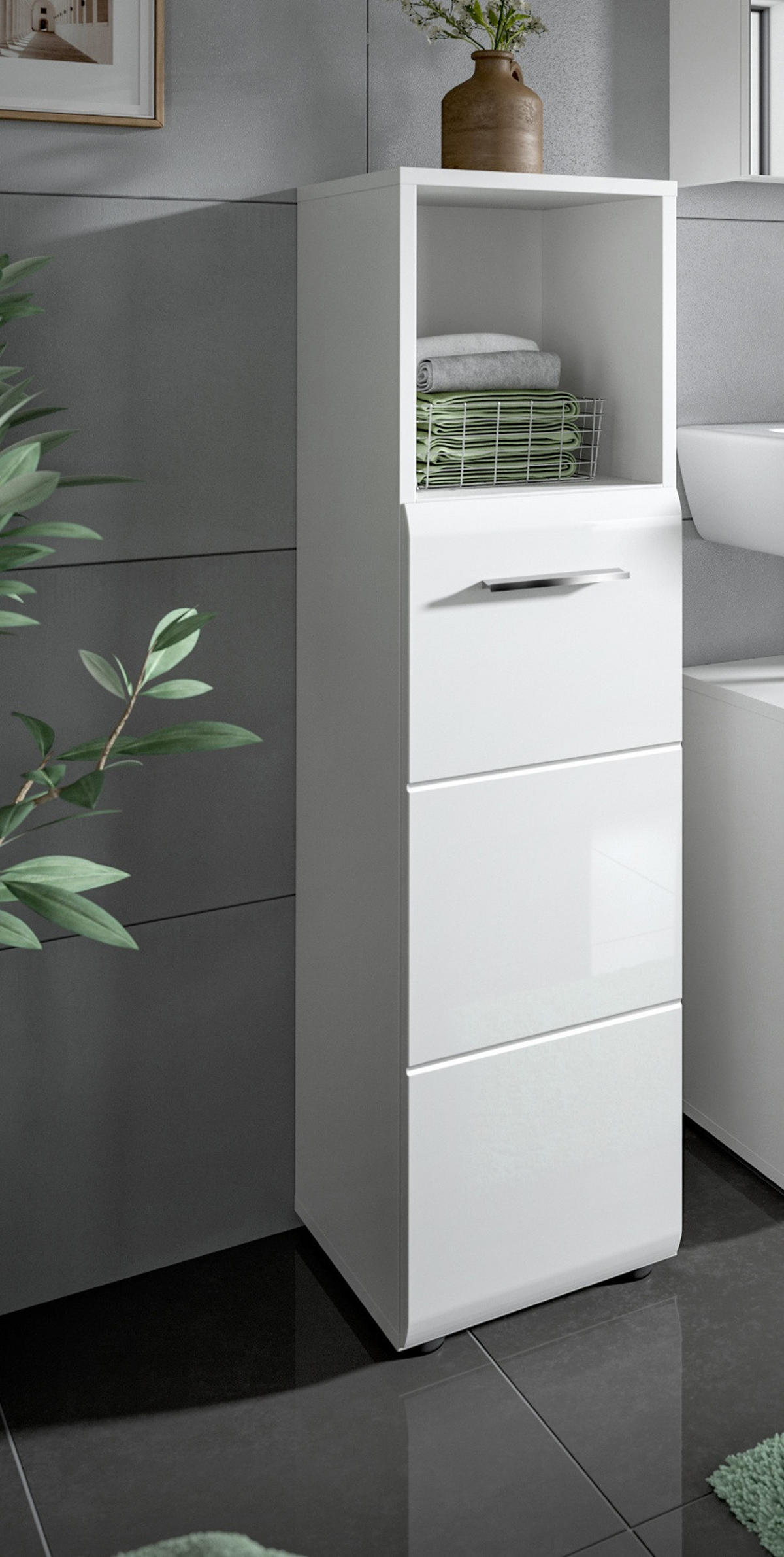 BADKOMMODE weiß Hochglanz, Badezimmer Kommode 30 cm - Weiß Hochglanz/Silberfarben, Holzwerkstoff/Kunststoff (30/110/30cm) - Inn.Furn