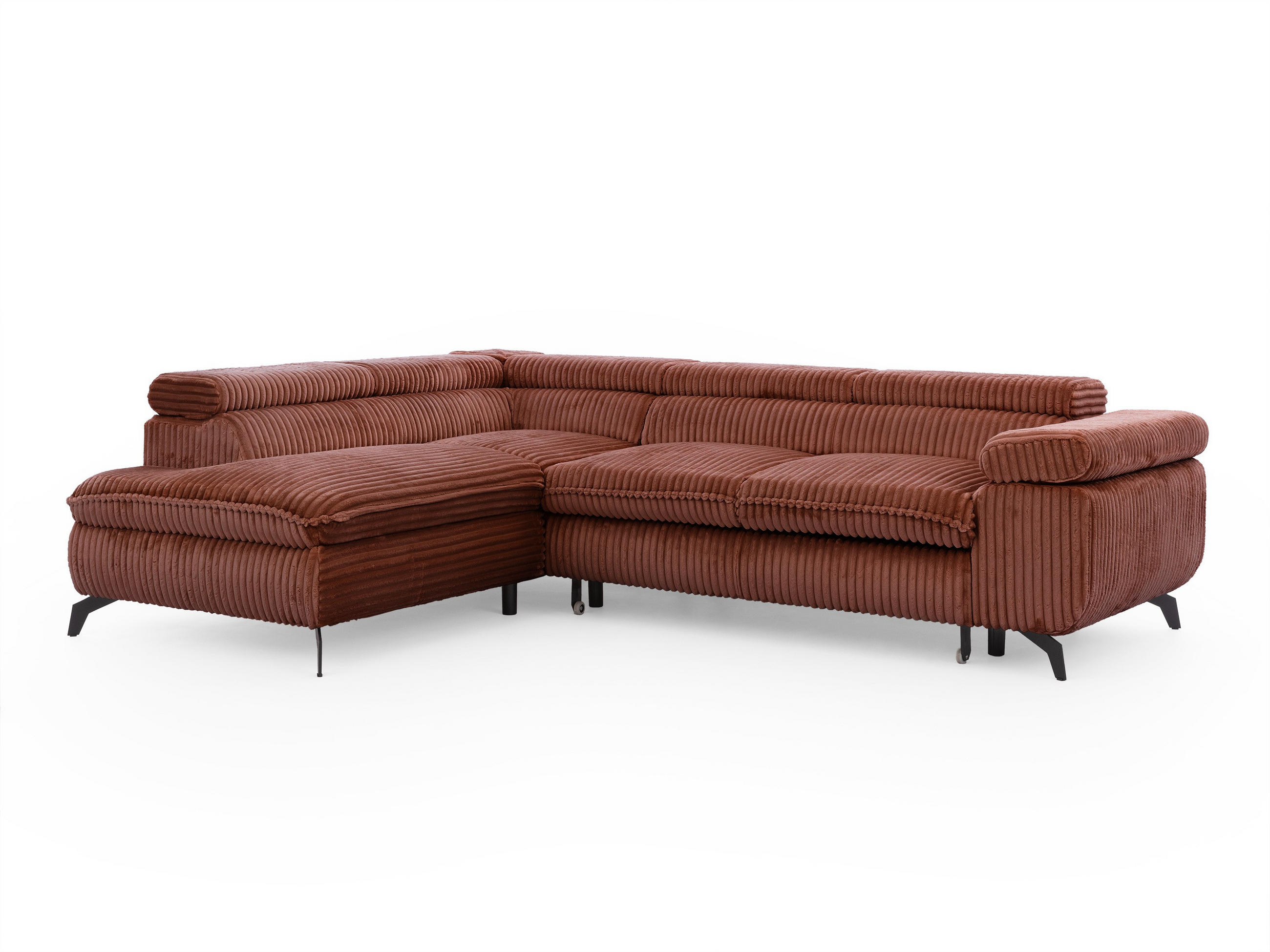 ECKSOFA mit Schlaffunktion und Bettkasten Bonnie aus Terrakotta Cord-Stoff mit verstellbaren Kopfstützen und Armlehne - Ottomane links - Terracotta/Schwarz, Holz/Textil (275/210cm) - S-Style Möbel
