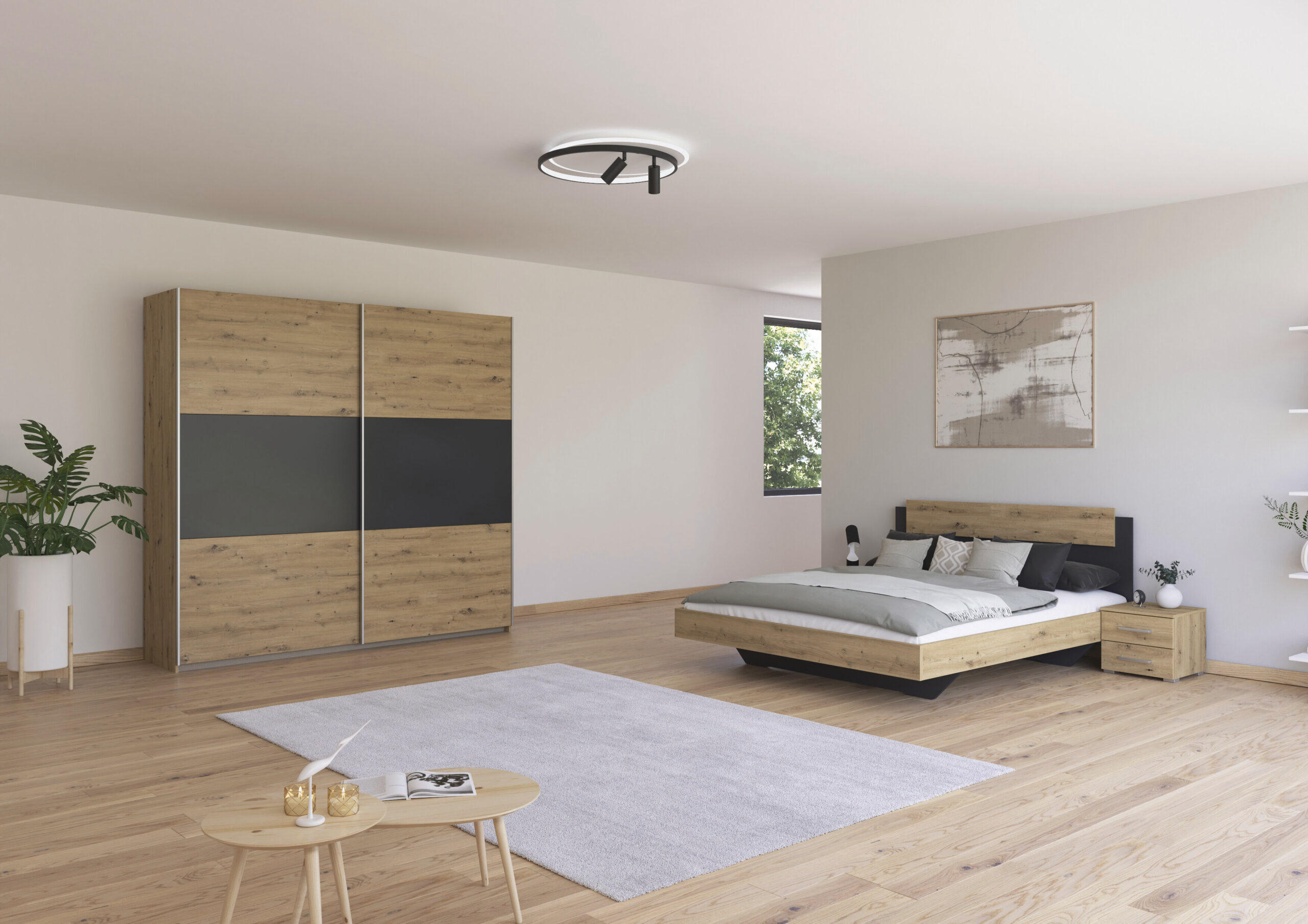 SCHLAFZIMMER Borba in Eiche und Grau 4 teilig – mit Bettanlage 160x200cm, zwei Nachttisch und Schwebetürenschrank 218cm Breite - Braun, Holzwerkstoff (80/200/120cm)