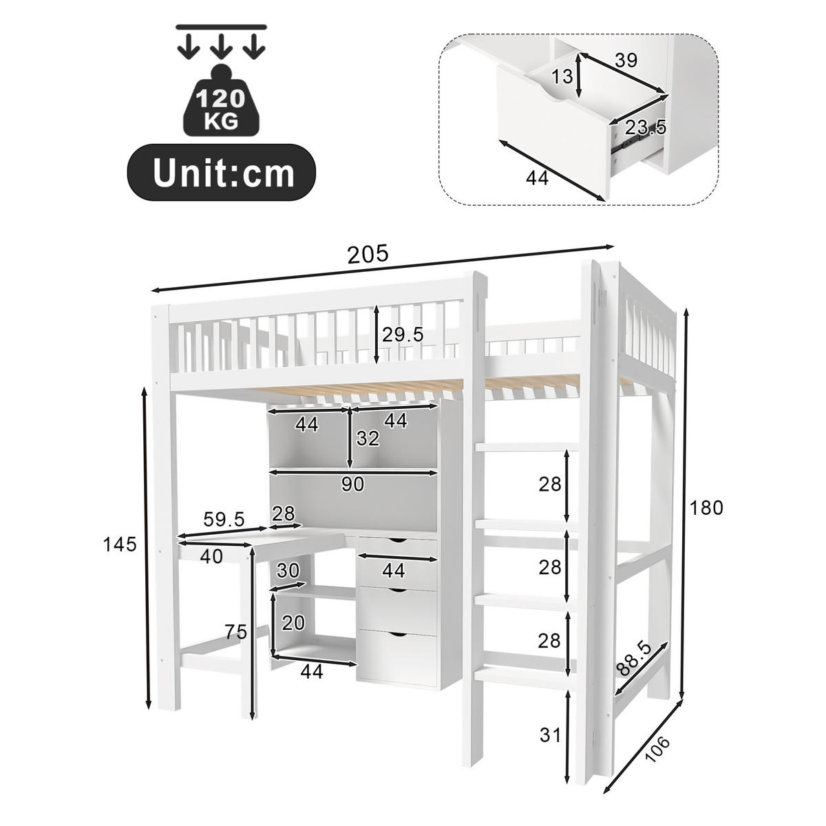 HOCHBETT mit Schreibtisch, 3 Schubladen, Weiß, 90/200 cm, ohne Matratze - Weiß, Holzwerkstoff (90/200cm) - MIVRAY