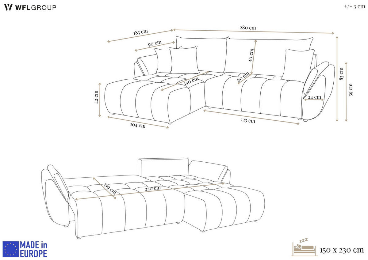 ECKSOFA Iris mit Schlaffunktion und Bettkasten, links oder rechts montierbar – Bordeaux Samt 280/184/85 cm - Bordeaux/Schwarz, Kunststoff/Textil (280/184cm) - WFL GROUP