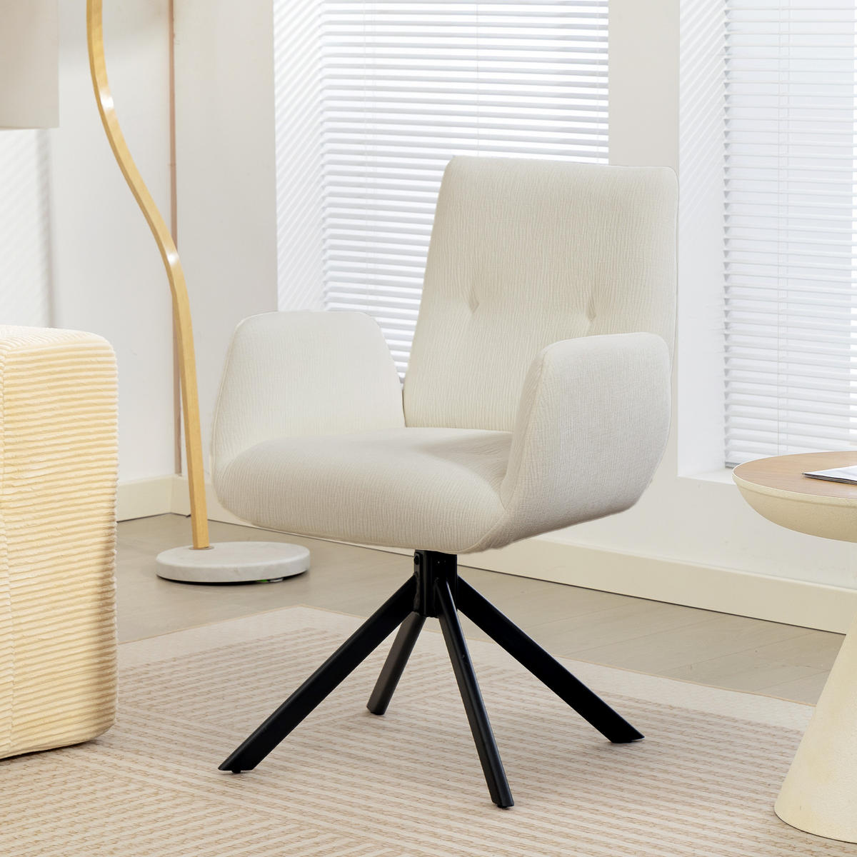 SESSEL Drehbar Loungesessel mit Armlehne Wolle-Leinenoptik Cremeweiß - Creme/Schwarz, Textil/Metall (61/88/60cm) - HOMCOM