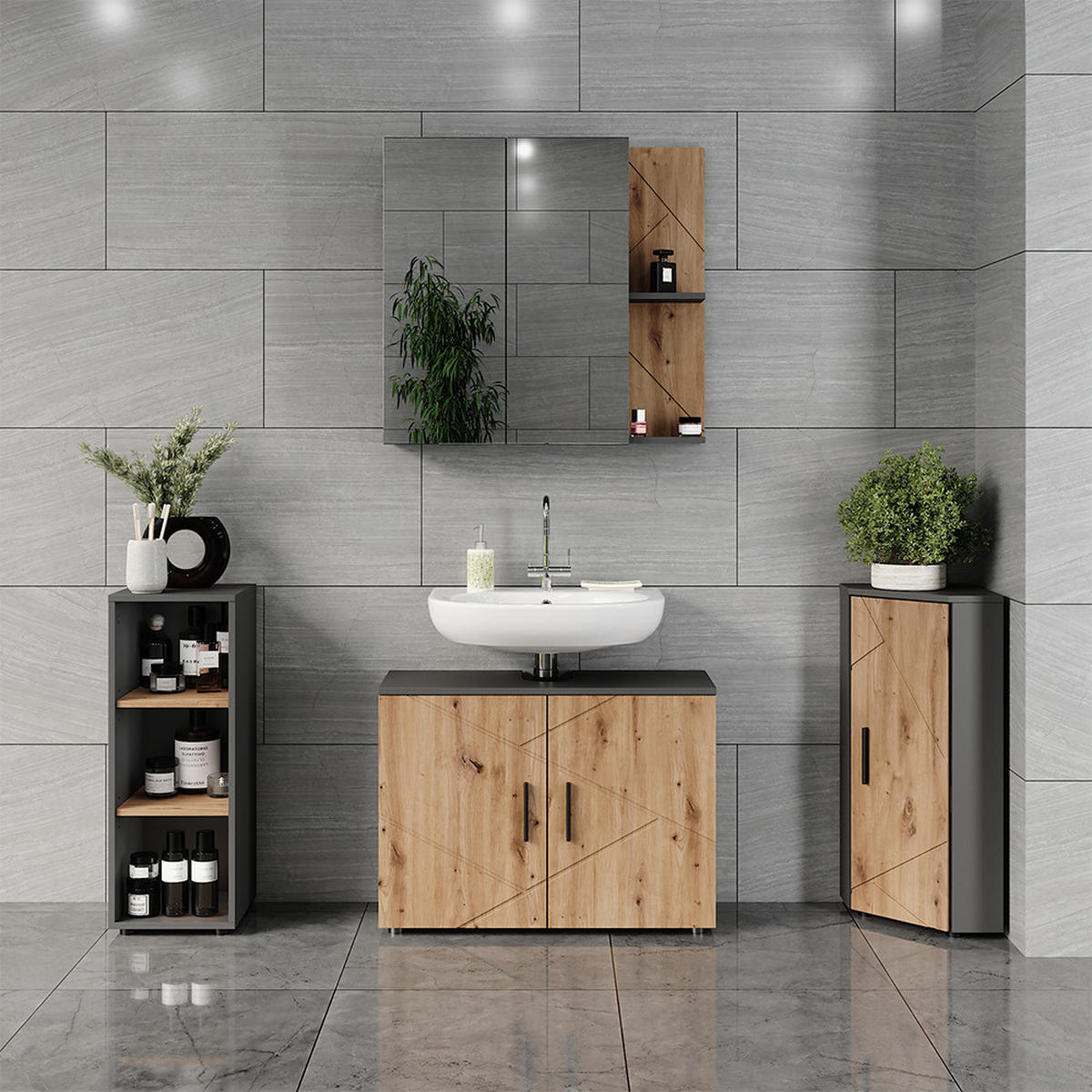 MIDISCHRANK Irma Anthrazit/Artisan 30 x 81 cm mit 3 Ablagefächern - Anthrazit/Eiche Artisan, Holzwerkstoff (30/81/30cm) - Vicco