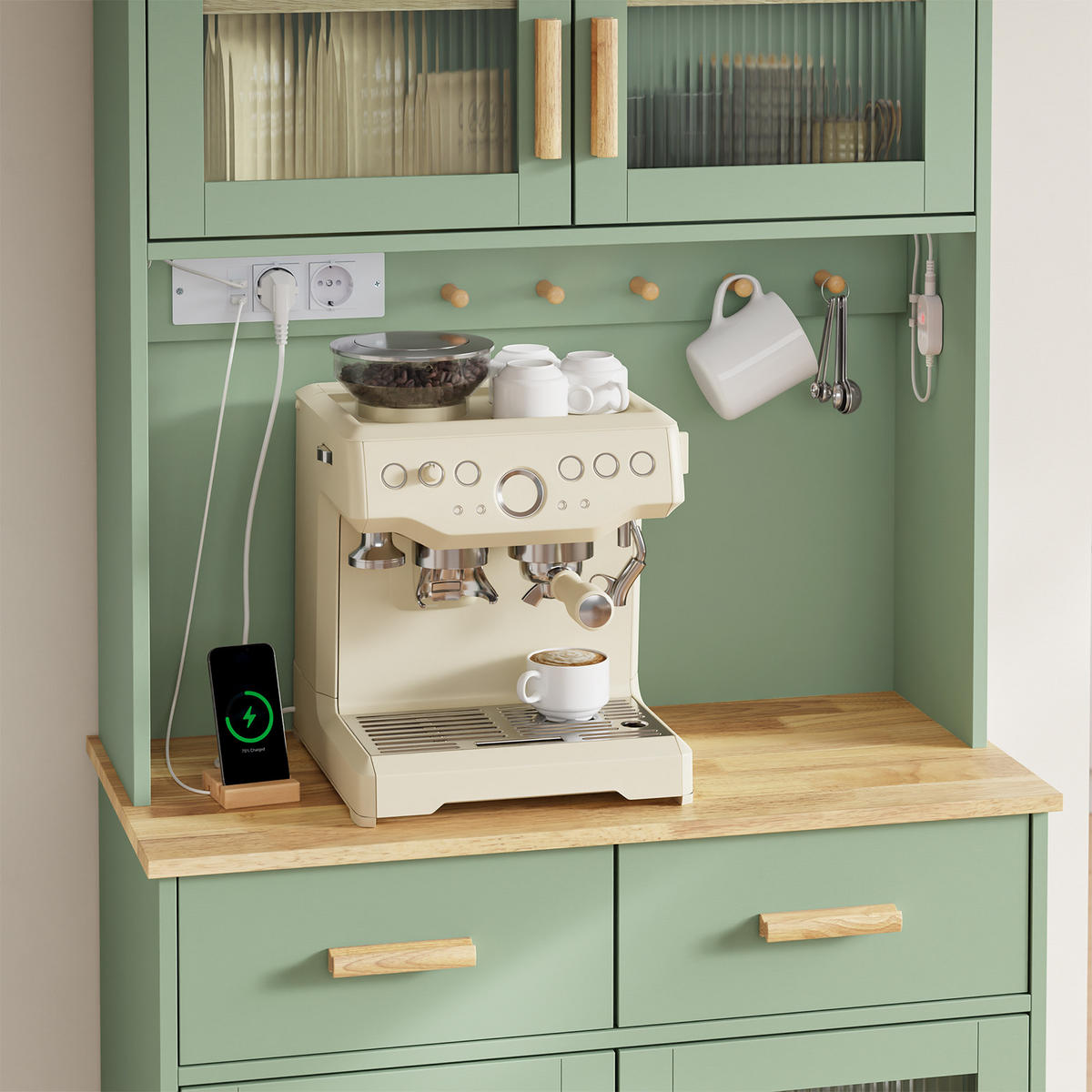 KÜCHENBUFFET mit Steckdosen und USB-Anschlüssen FSB108-E-GR - Naturfarben/Grün, Holz/Holzwerkstoff (40/180/80cm) - SoBuy