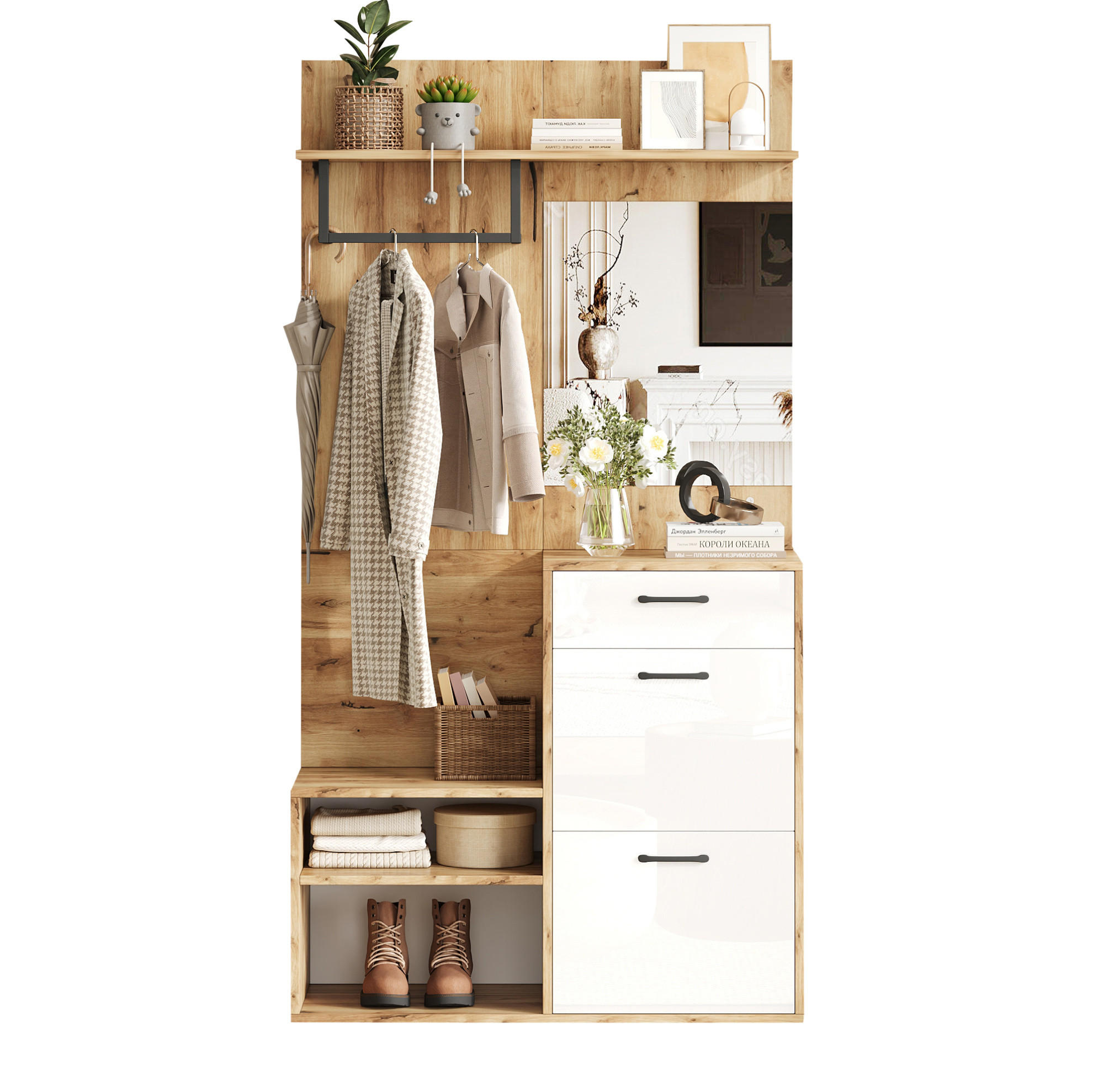 GARDEROBE 100/190/38,5 cm Weiß/Natur aus Spanplatte mit Spiegel und Klapptüren - Weiß, Holzwerkstoff (38.5/190/100cm) - OKMYHOME